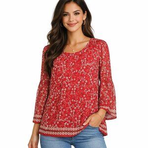 Max Studio Floral Long Sleeve Pullover Blouse in Red - Size Medium